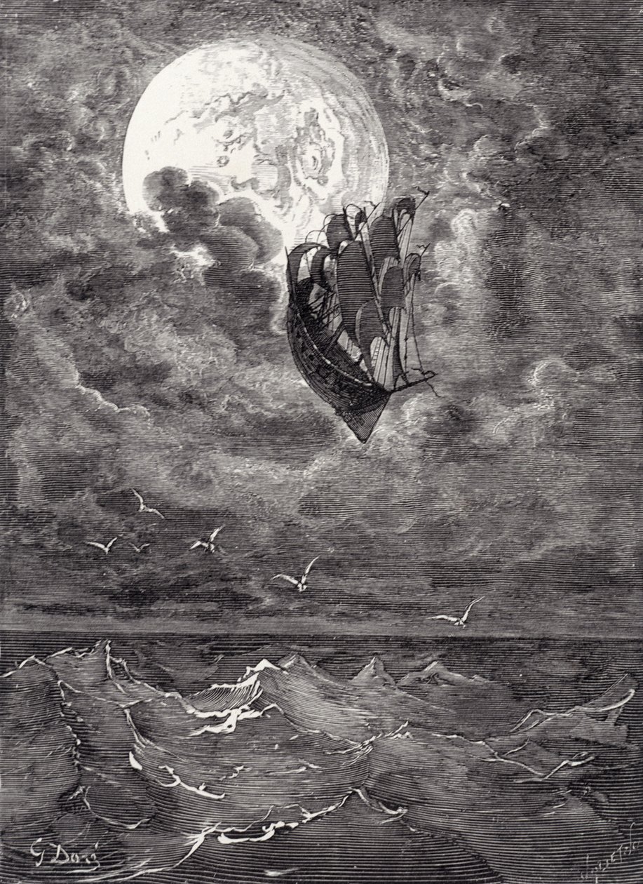 A Voyage to the Moon, från "The Adventures of Baron Munchausen" av Rudolph Erich Raspe, graverad av Auguste Joliet, ca 1868 av Gustave Dore