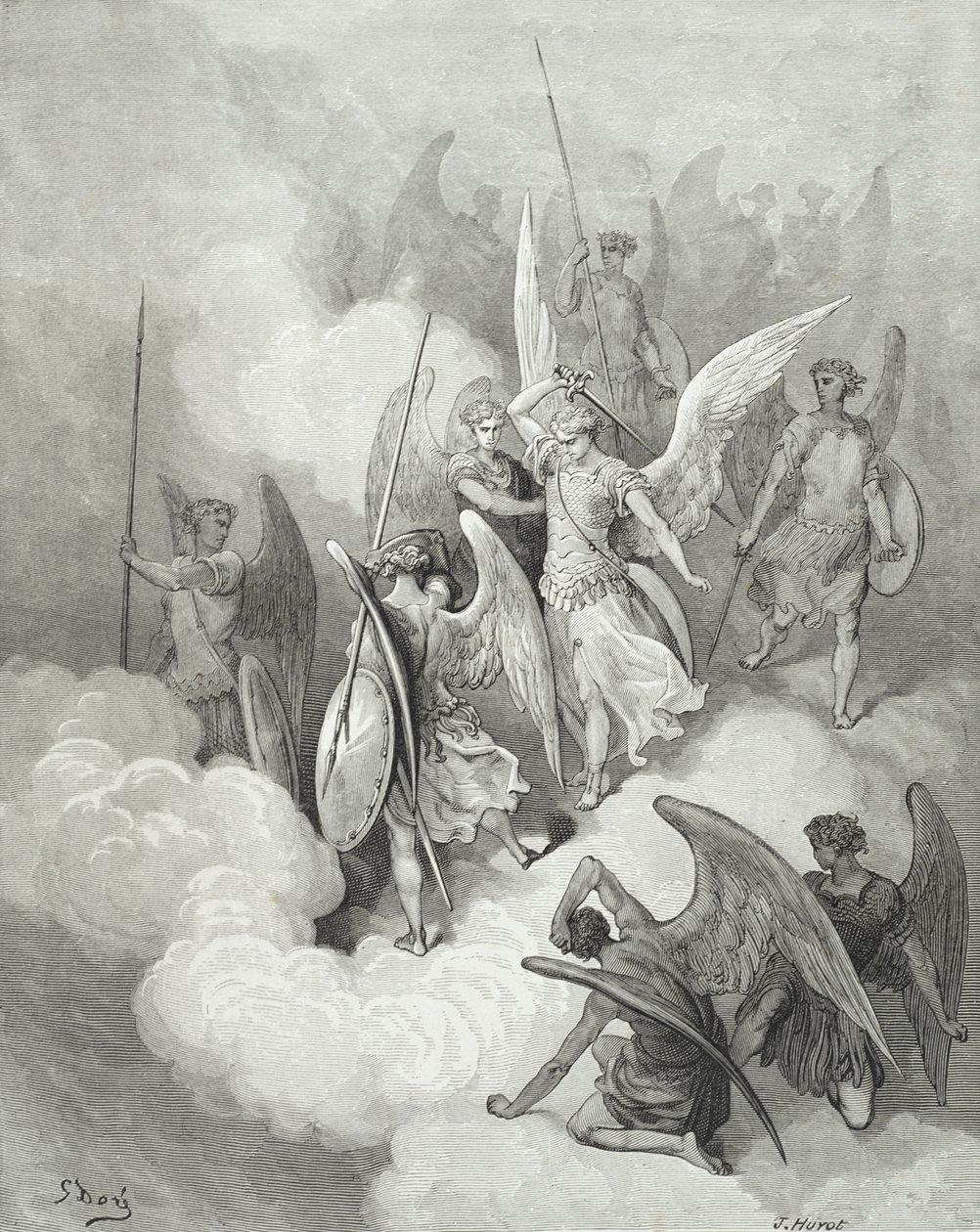 Abdiel och Satan, från "Paradise Lost" av John Milton (1608-74), graverad av Huyot, ca 1868. av Gustave Dore