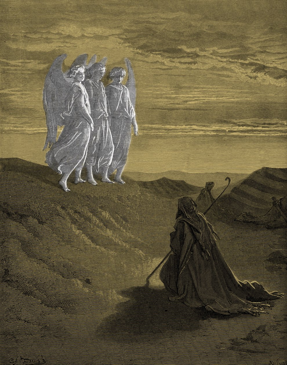 Abraham och de tre änglarna, gravyr av Doré. - Bibeln av Gustave Dore