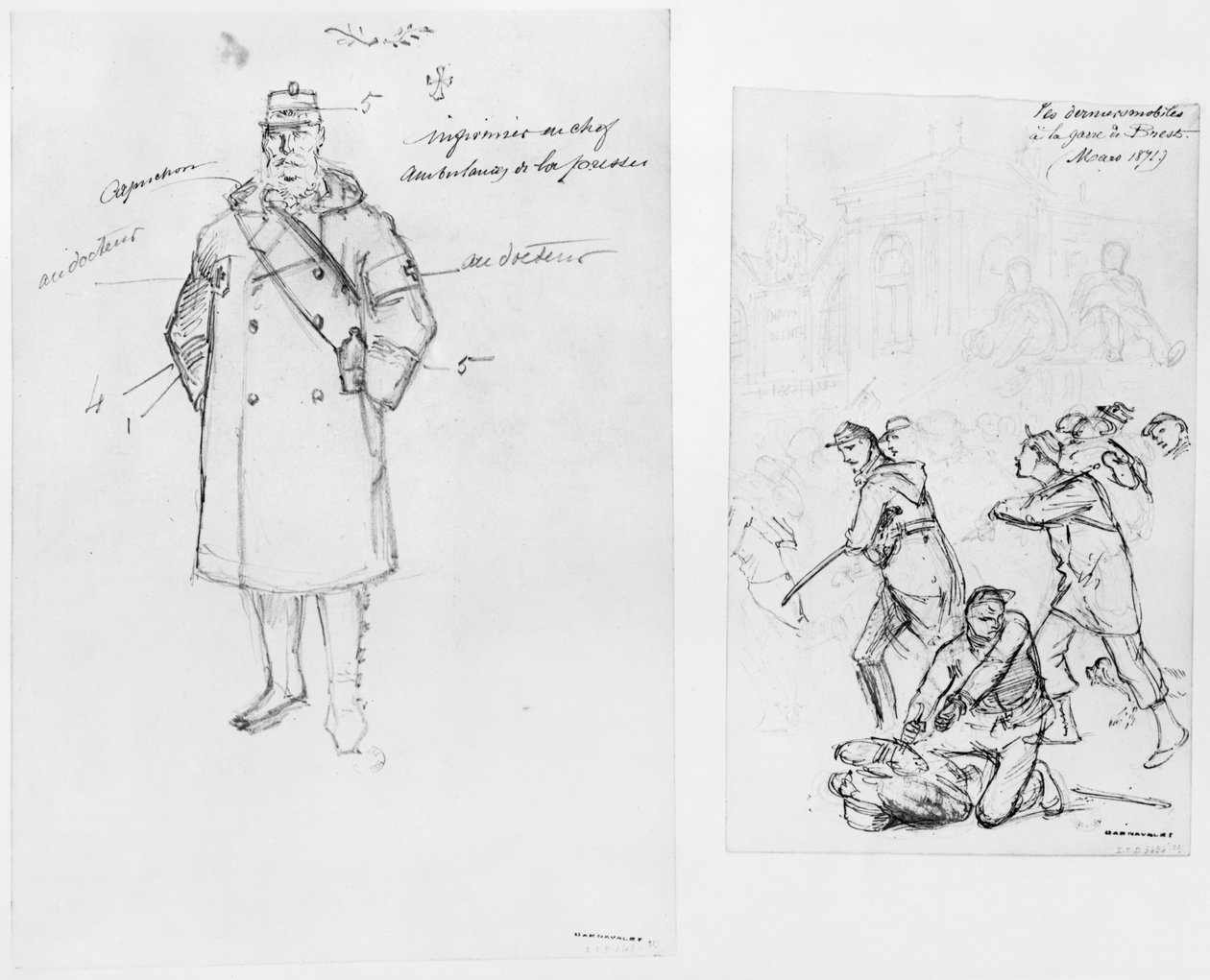 Album av belägringen av Paris, ambulansman, de sista trupperna vid stationen i Brest, 1871 (penna och brunt bläcktvätt och penna på papper) av Gustave Dore
