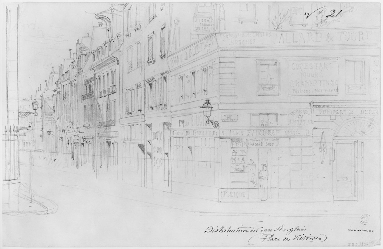 Album av belägringen av Paris, distribution av brittiska donationer, place des Victoires (penna och brunt bläcktvätt och penna på papper) av Gustave Dore
