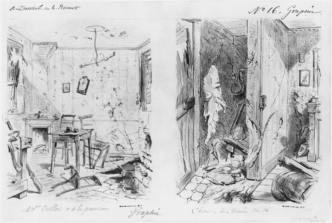 Album av belägringen av Paris, Maison Caillot rue de la Procession, Chaussee du Maine (penna och brunt bläck tvätt och penna på papper) av Gustave Dore
