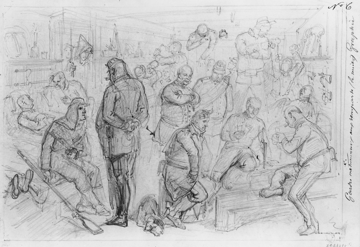 Album av belägringen av Paris, nationalgardet vid vallarna på natten (penna och brunt bläcktvätt och penna på papper) av Gustave Dore