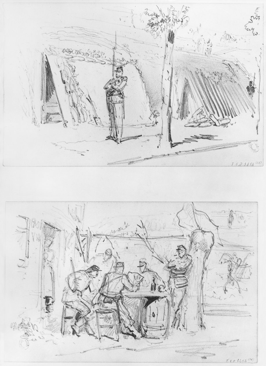 Album of the Siege of Paris, Sentry, Guards (penna och brunt bläcktvätt och penna på papper) av Gustave Dore