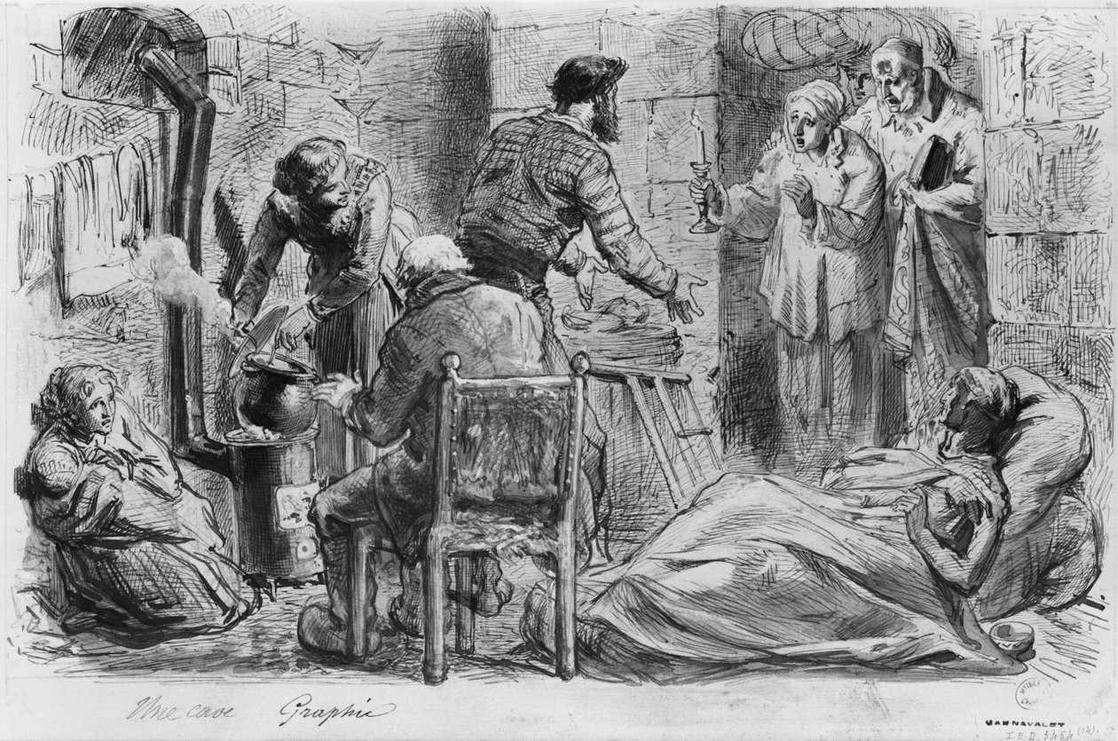 Album om belägringen av Paris, en källare (penna och brunt bläck, tvätt och penna på papper) av Gustave Dore