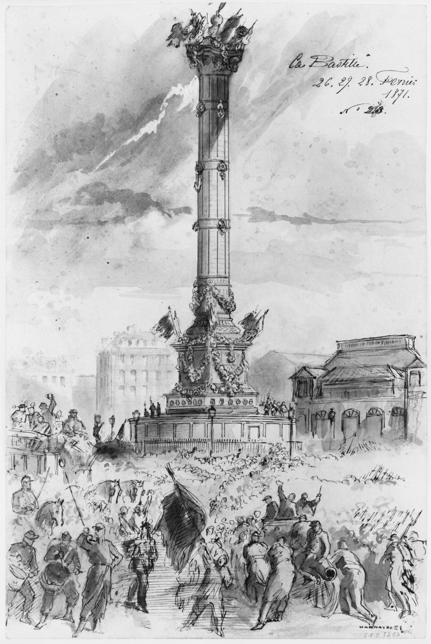 Album av belägringen av Paris, Bastiljen, 26, 27, 28 februari 1871 (penna och brunt bläcktvätt och penna på papper) av Gustave Dore