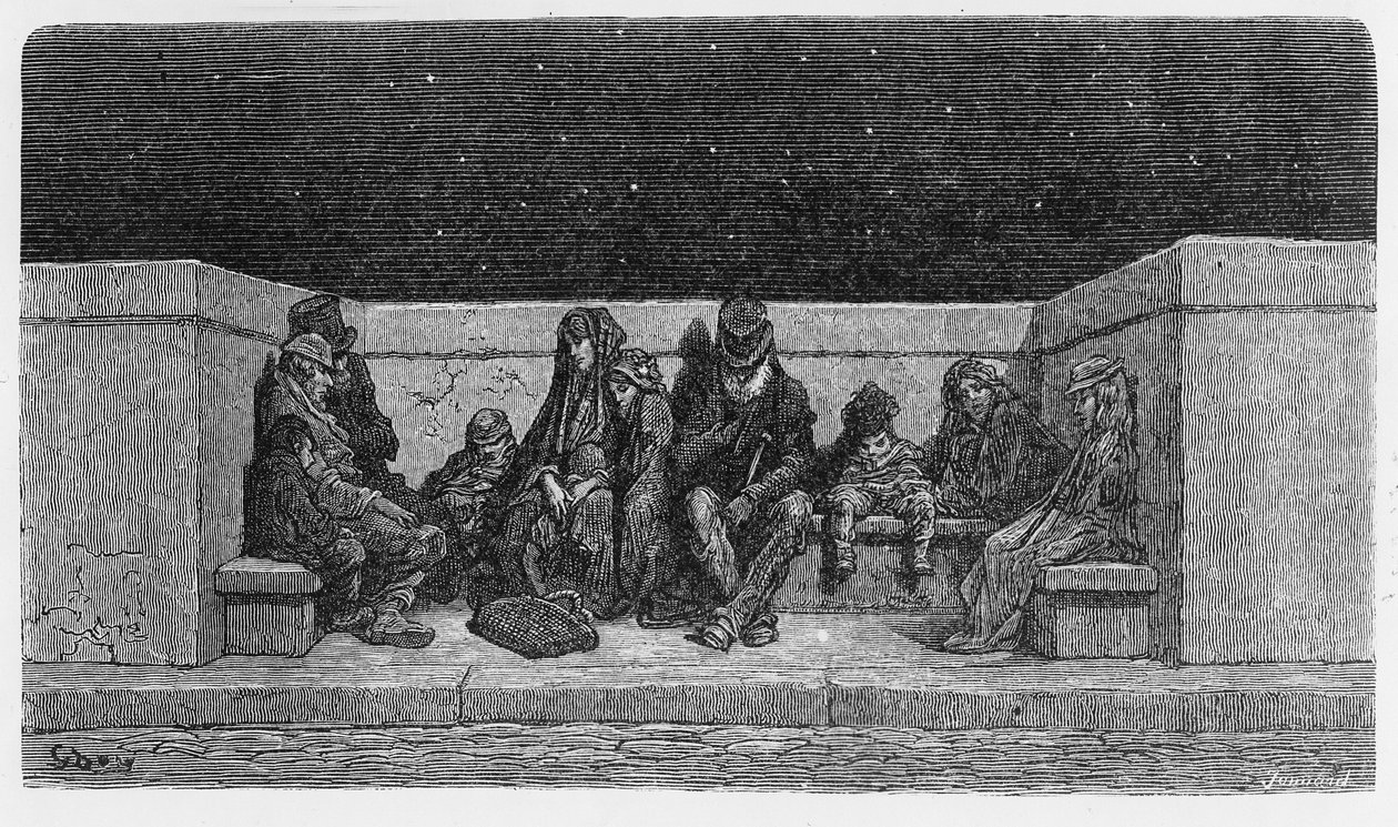 Sova under stjärnorna, illustration från "London, a Pilgrimage", 1872 av Gustave Dore
