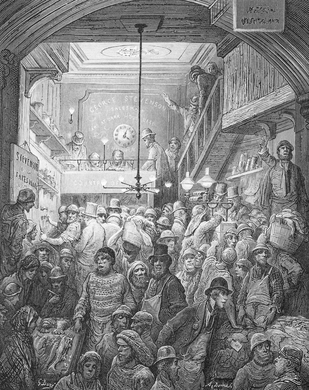 Billingsgate - Tidig morgon, från "London, en pilgrimsfärd", skriven av William Blanchard Jerrold (1826-94), graverad av A. Doms, pub. 1872 av Gustave Dore