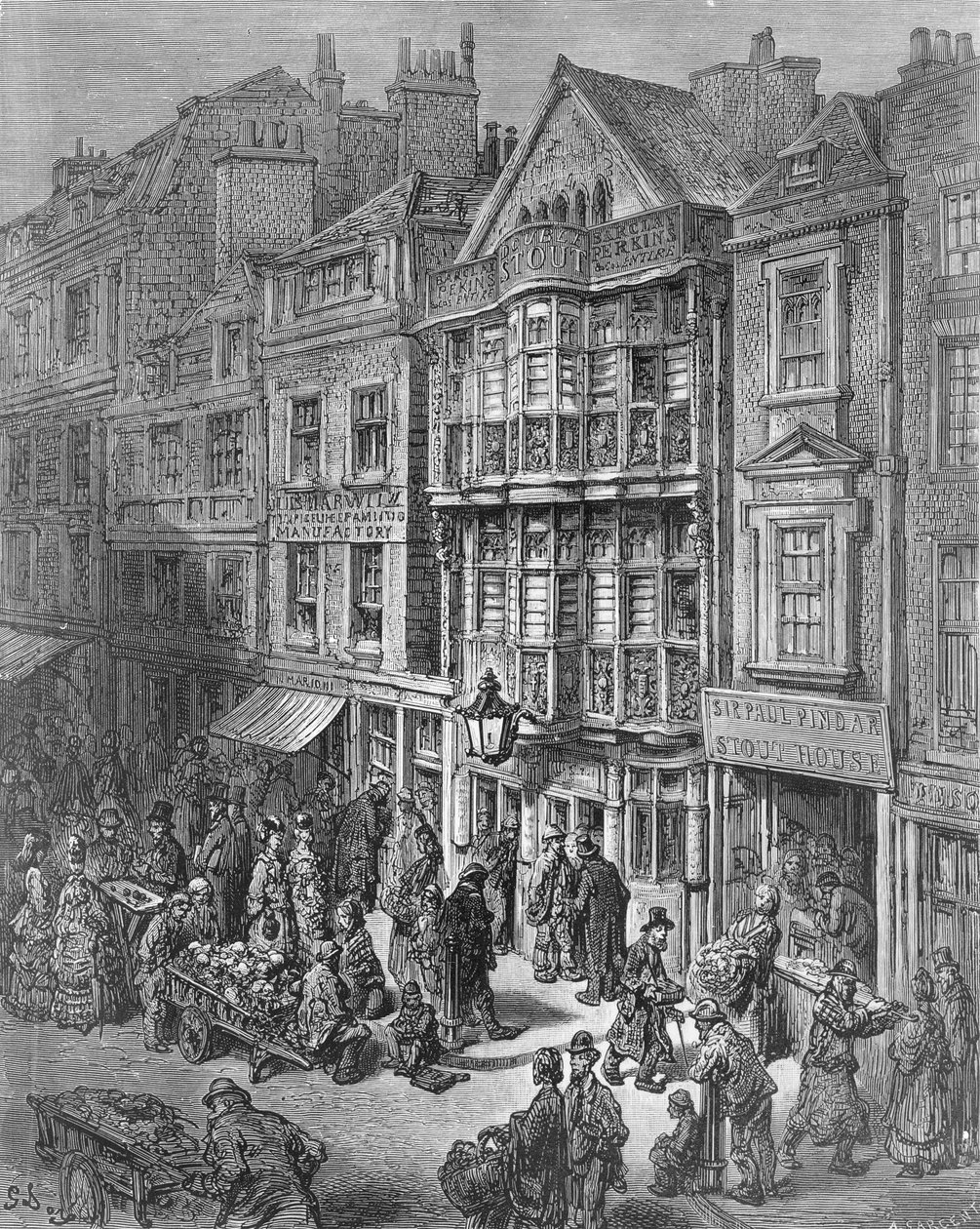 Bishopsgate Street, från "London, en pilgrimsfärd", skriven av William Blanchard Jerrold (1826-94) och graverad av A. Sargent, pub. 1872 av Gustave Dore
