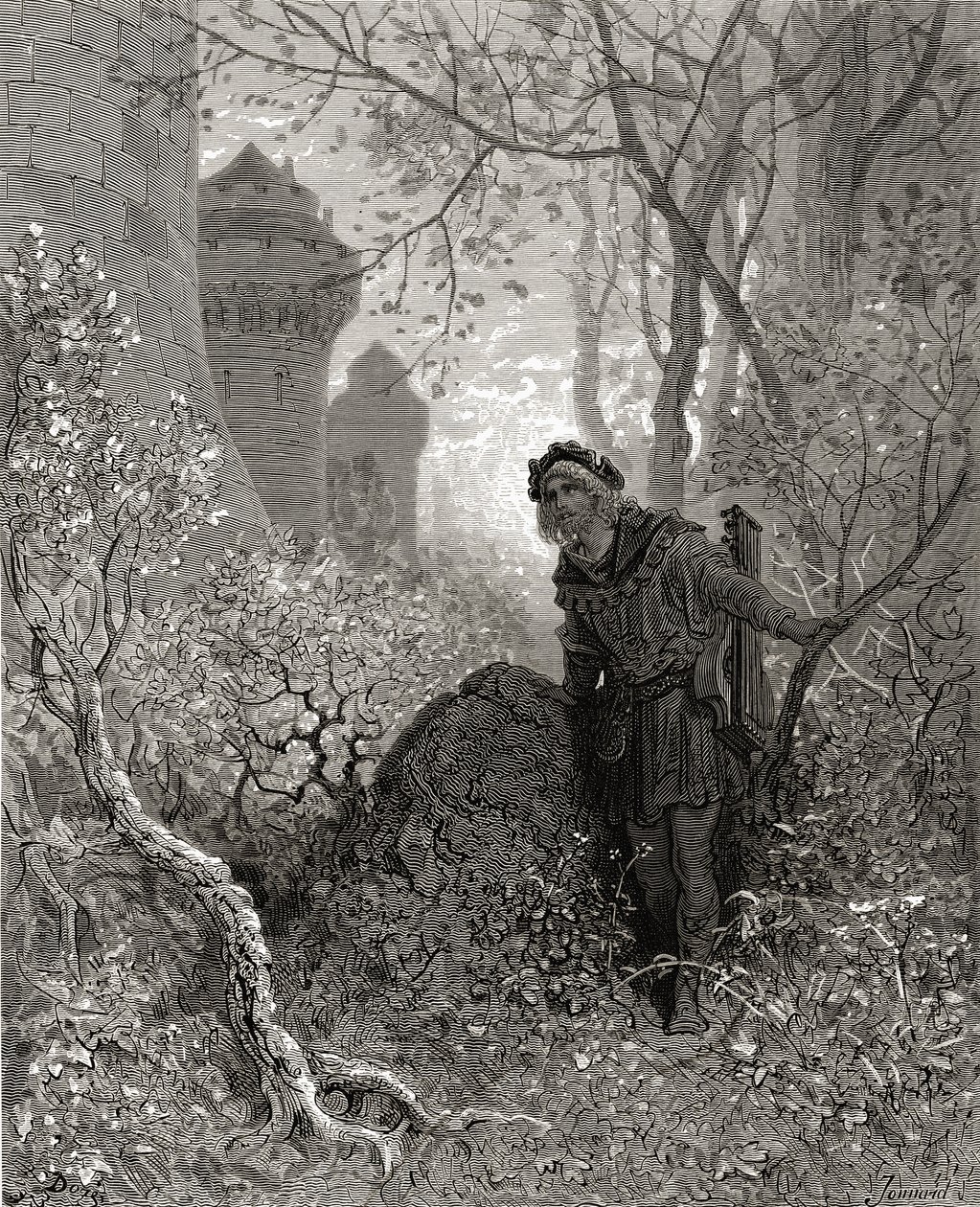 Blondel hör Richard Lejonhjärtas (1157-99) röst, illustration från "Bibliotheque des Croisades" av J-F. Michaud, 1877 av Gustave Dore