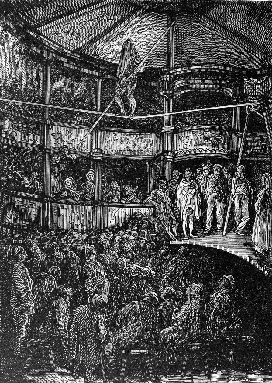 Blondin på Shoreditch, från "London, en pilgrimsfärd", skriven av William Blanchard Jerrold (1826-94) och graverad av Gauchard, pub. 1872 av Gustave Dore