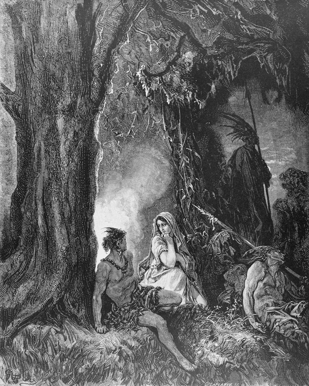 Chactas och Atala, ur "Atala" av Francois Rene Vicomte de Chateaubriand (1768-1848), graverad av Charles Laplante (d.1903) omkring 1868. av Gustave Dore