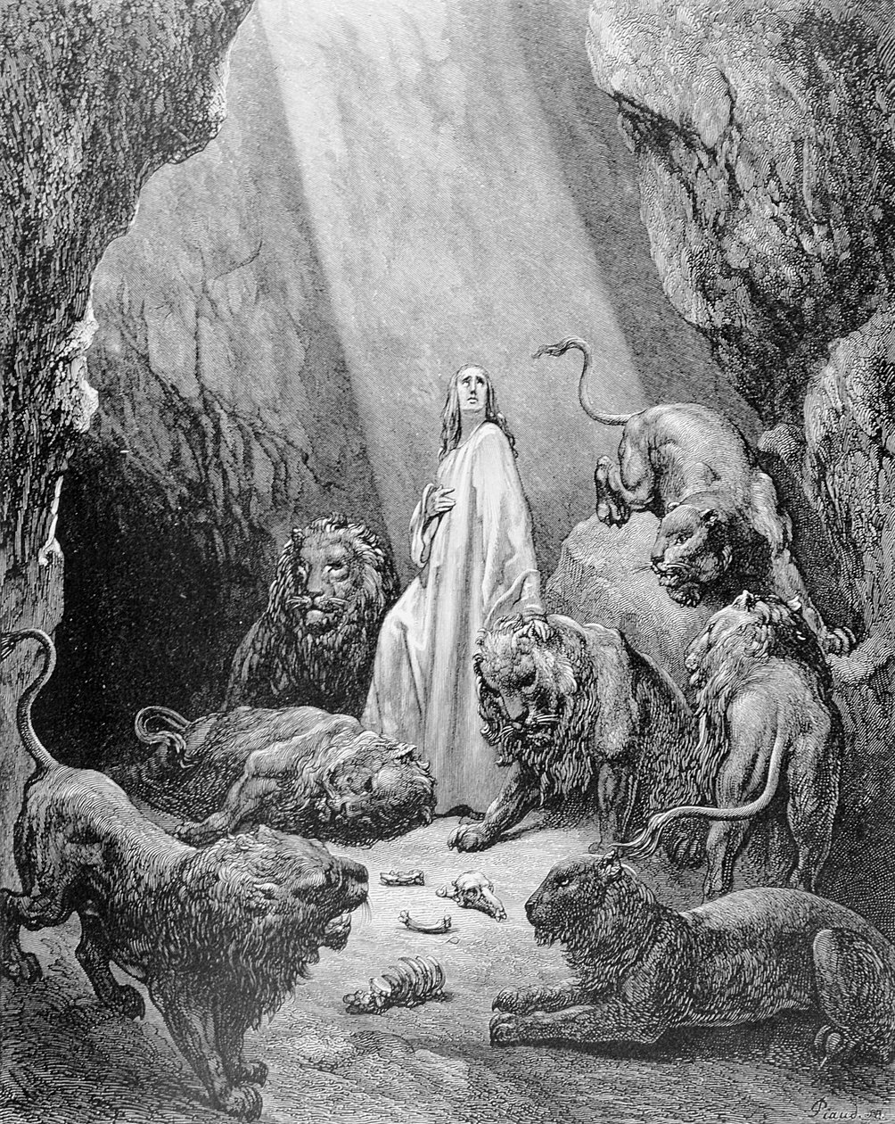 Daniel i lejonhålan, graverad av Antoine Alphee Piaud, ca 1868 av Gustave Dore
