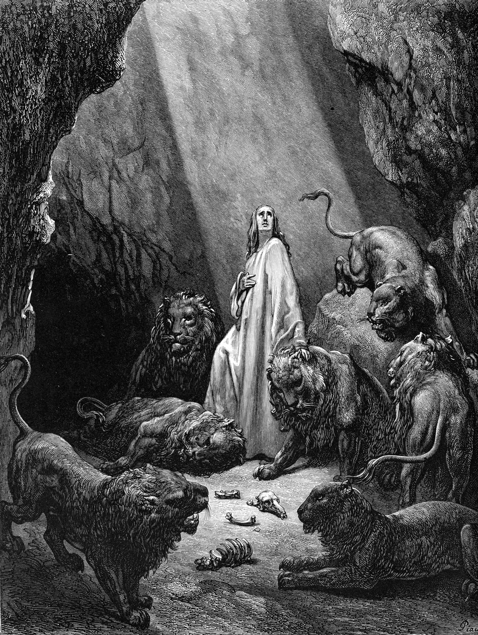 Daniel i lejonhålan, gravyr av Doré. - Bibeln av Gustave Dore