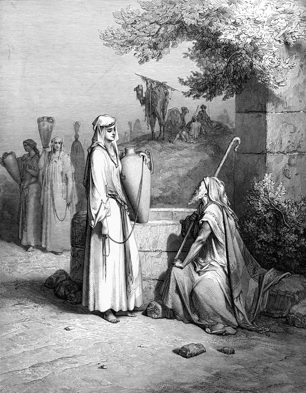 Eliezer och Rebecka Rebecca, gravyr av Doré. - Bibeln av Gustave Dore