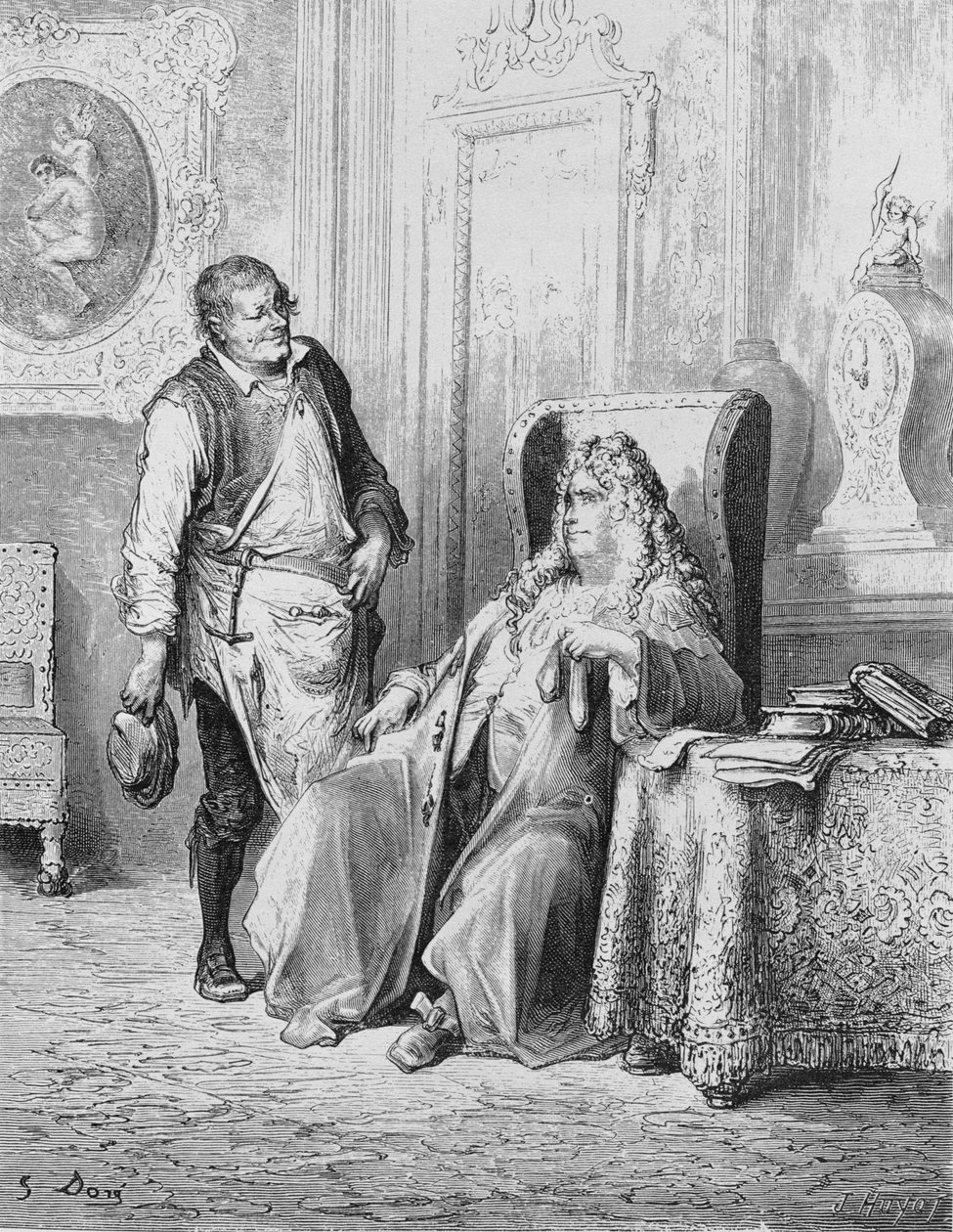 Illustration för Skomakaren och finansmannen, från "Fables" av Jean de La Fontaine (1621-95) av Gustave Dore