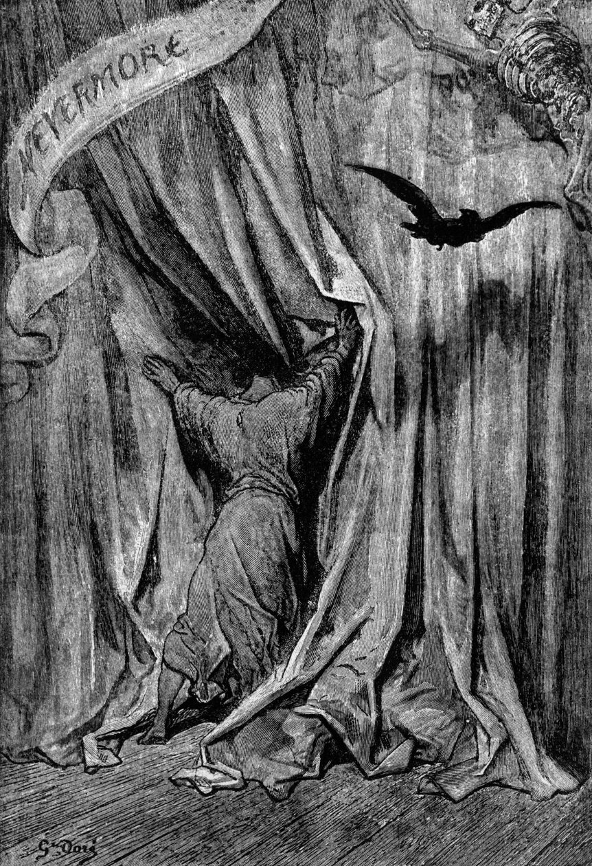 Illustration till dikten Kråkan av Edgar Allan Poe, 1845 av Gustave Dore
