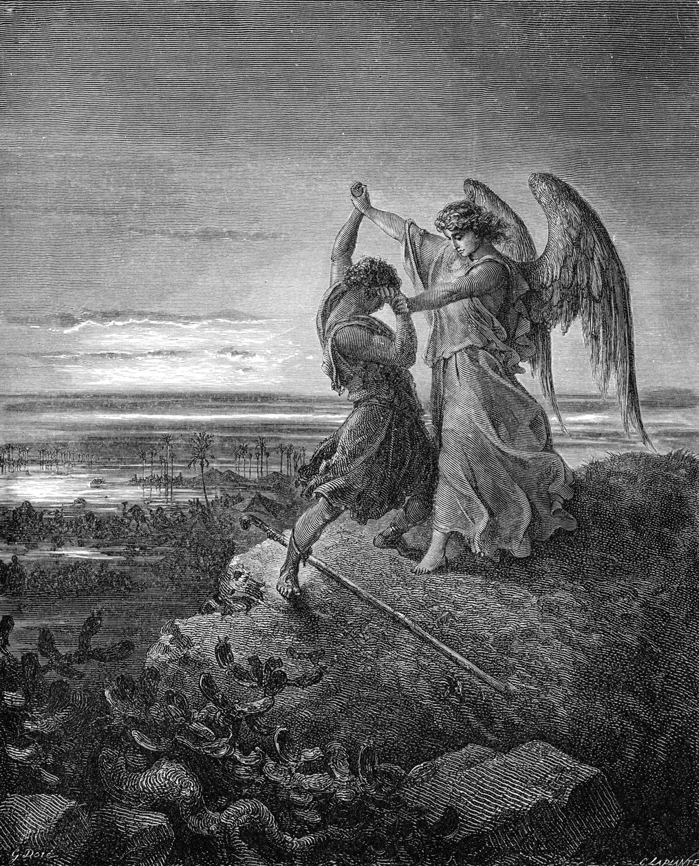 Jakob brottas med ängeln, gravyr av Doré. - Bibeln av Gustave Dore