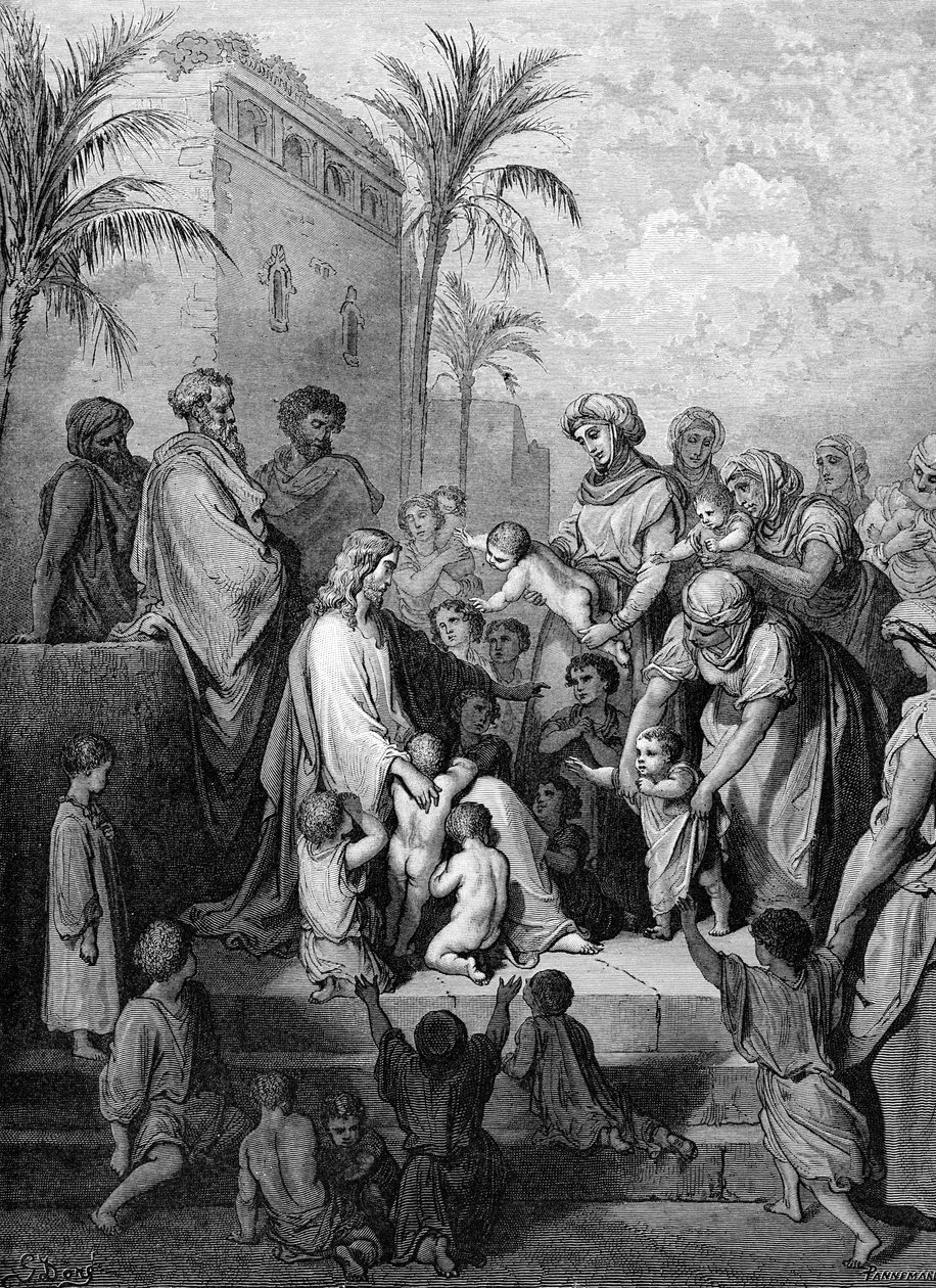 Jesus välsignar barnen, gravyr av Doré. - Bibeln av Gustave Dore
