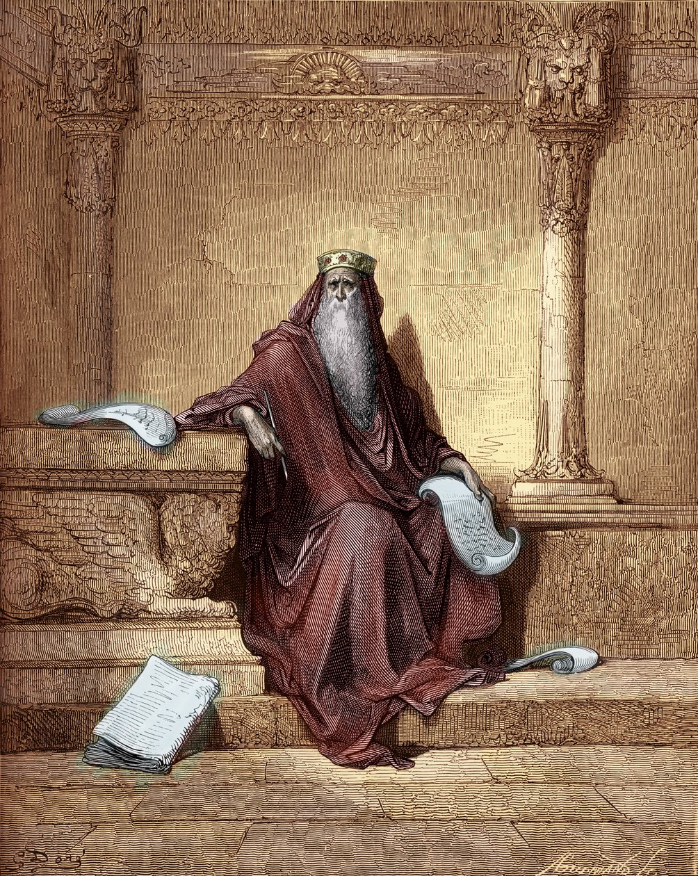 Gravyr av Gustave Doré av kung Salomo. - Bibel av Gustave Dore