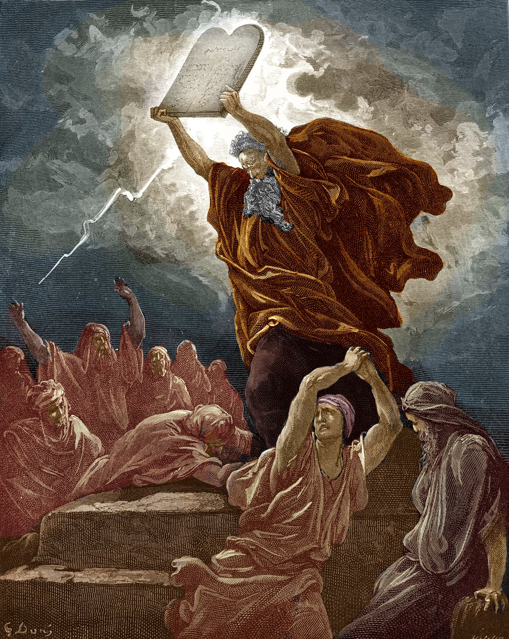Moses bryter mot lagens tavlor av Doré - Bibeln av Gustave Dore