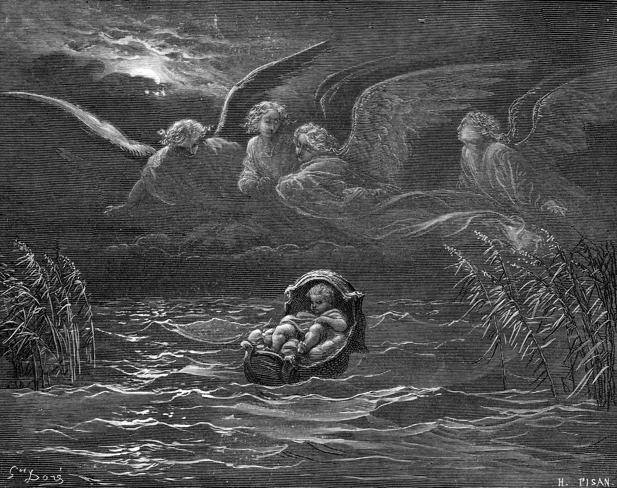 Moses vid floden Nilen, gravyr av Doré. - Bibeln av Gustave Dore