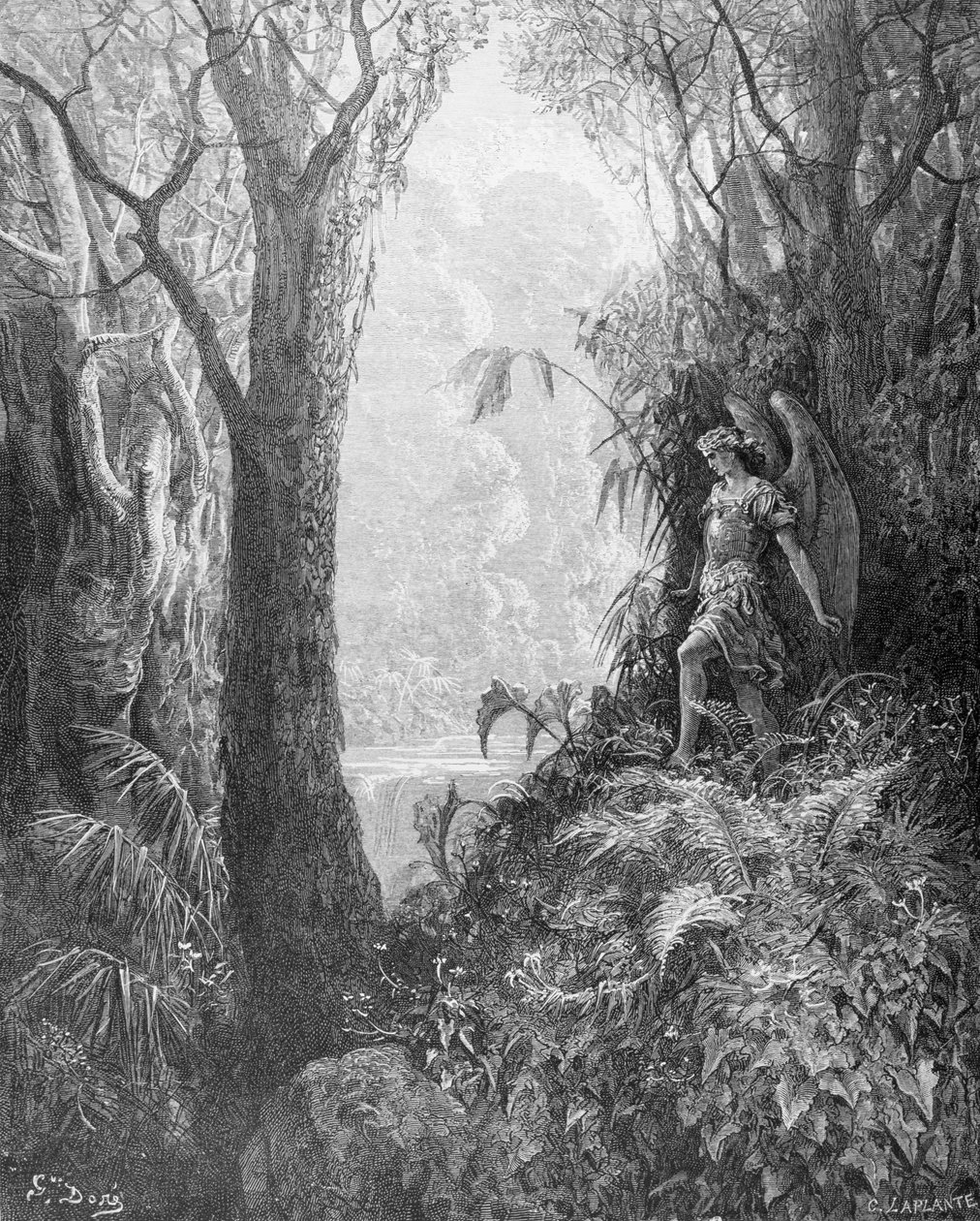 Satan i paradiset, från bok IV av "Paradise Lost" av John Milton (1608-74) graverad av Charles Laplante (d.1903) c.1868 av Gustave Dore