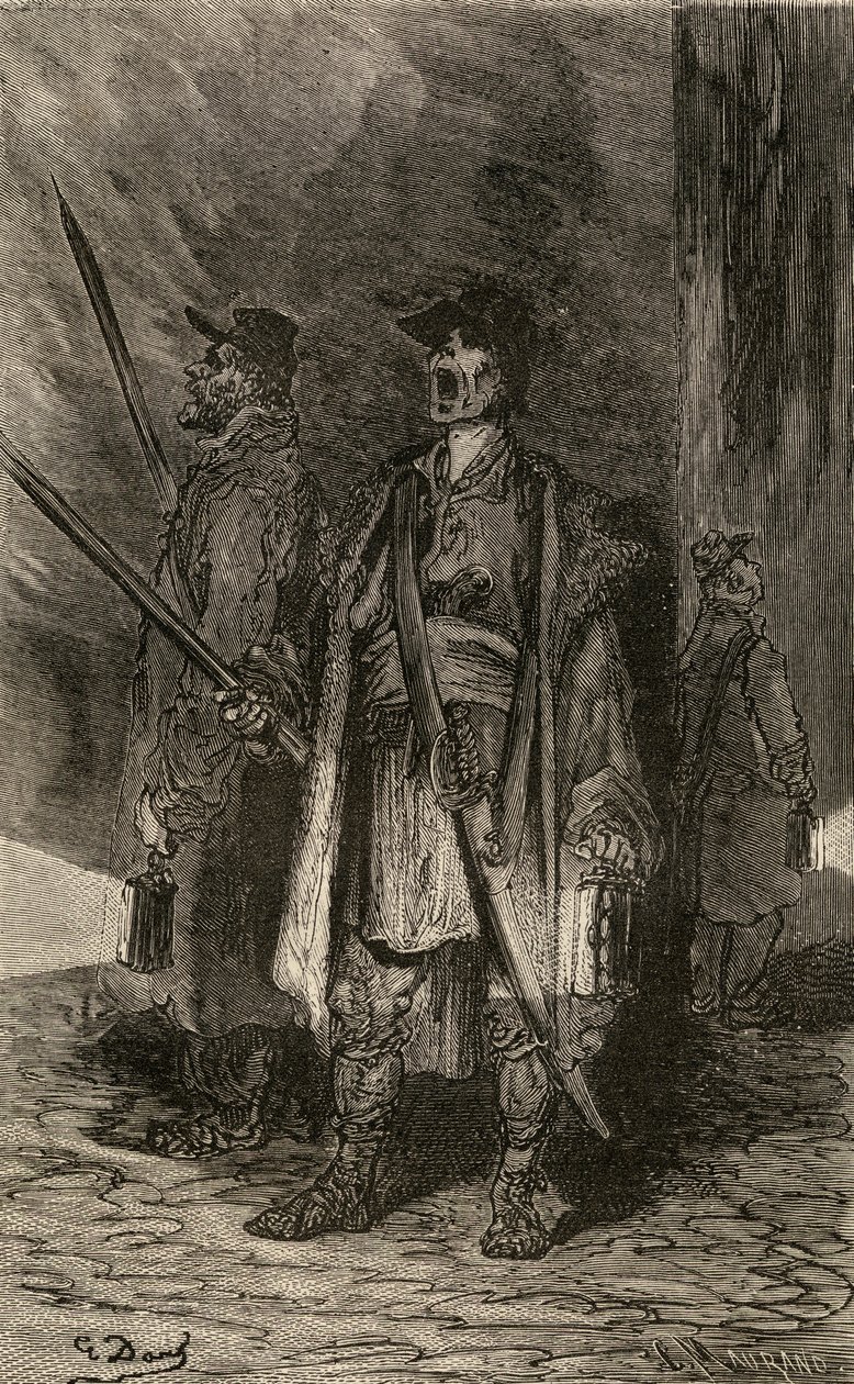 Serenos, Nightwatchmen, illustration från "Spanish Pictures" av pastor Samuel Manning av Gustave Dore