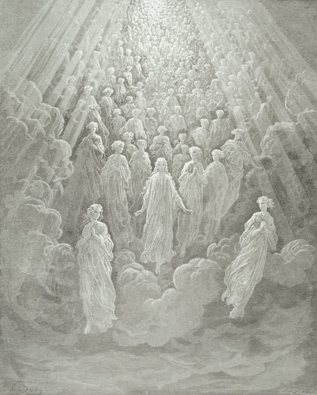Änglarna på planeten Merkurius: Beatrice stiger upp med Dante till planeten Merkurius, ca 1860-68 av Gustave Dore