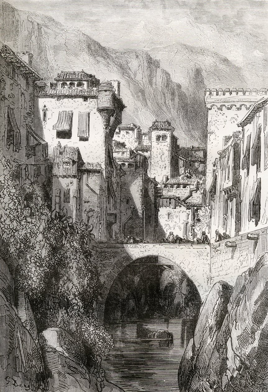 The Banks of the Darro, Granada, illustration från "Spanish Pictures" av pastor Samuel Manning av Gustave Dore
