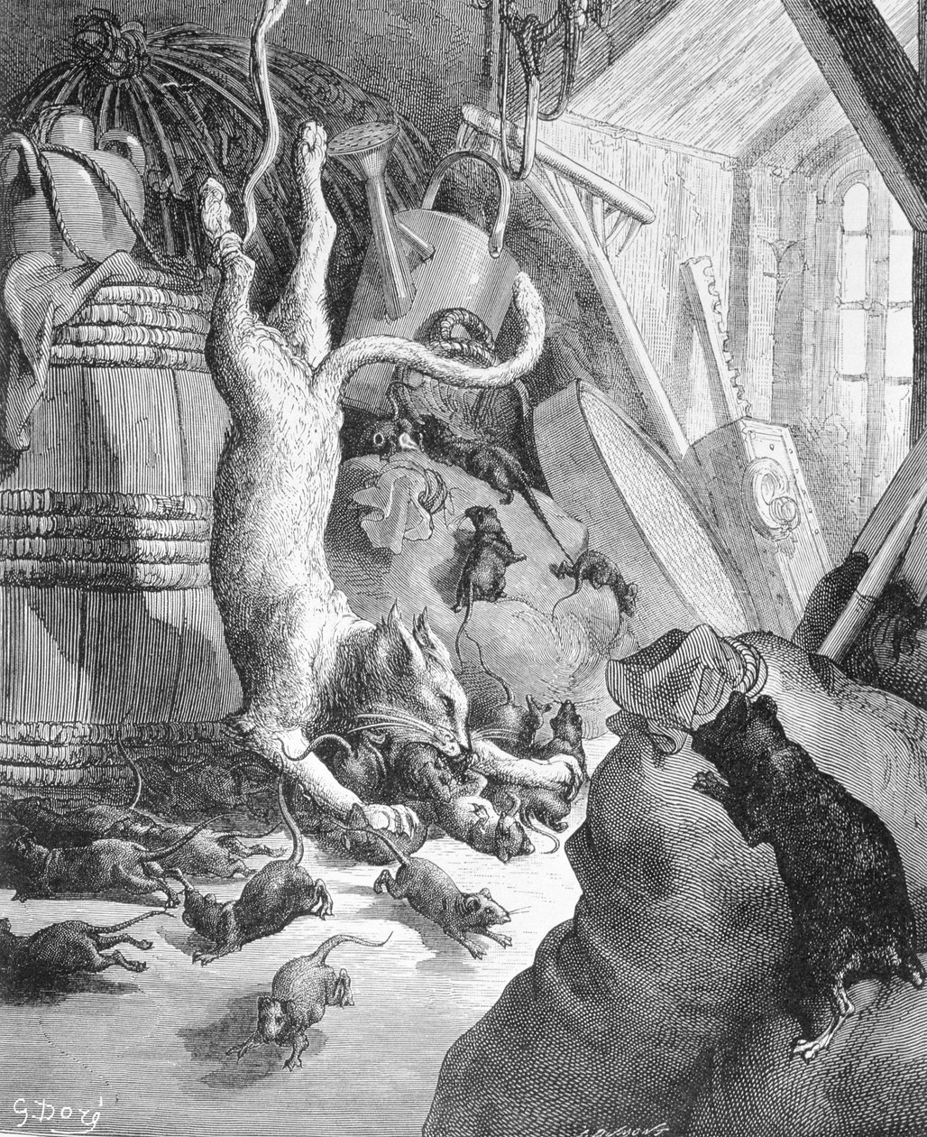Katten och den gamla råttan, illustration från "Fables" av La Fontaine, 1868 av Gustave Dore