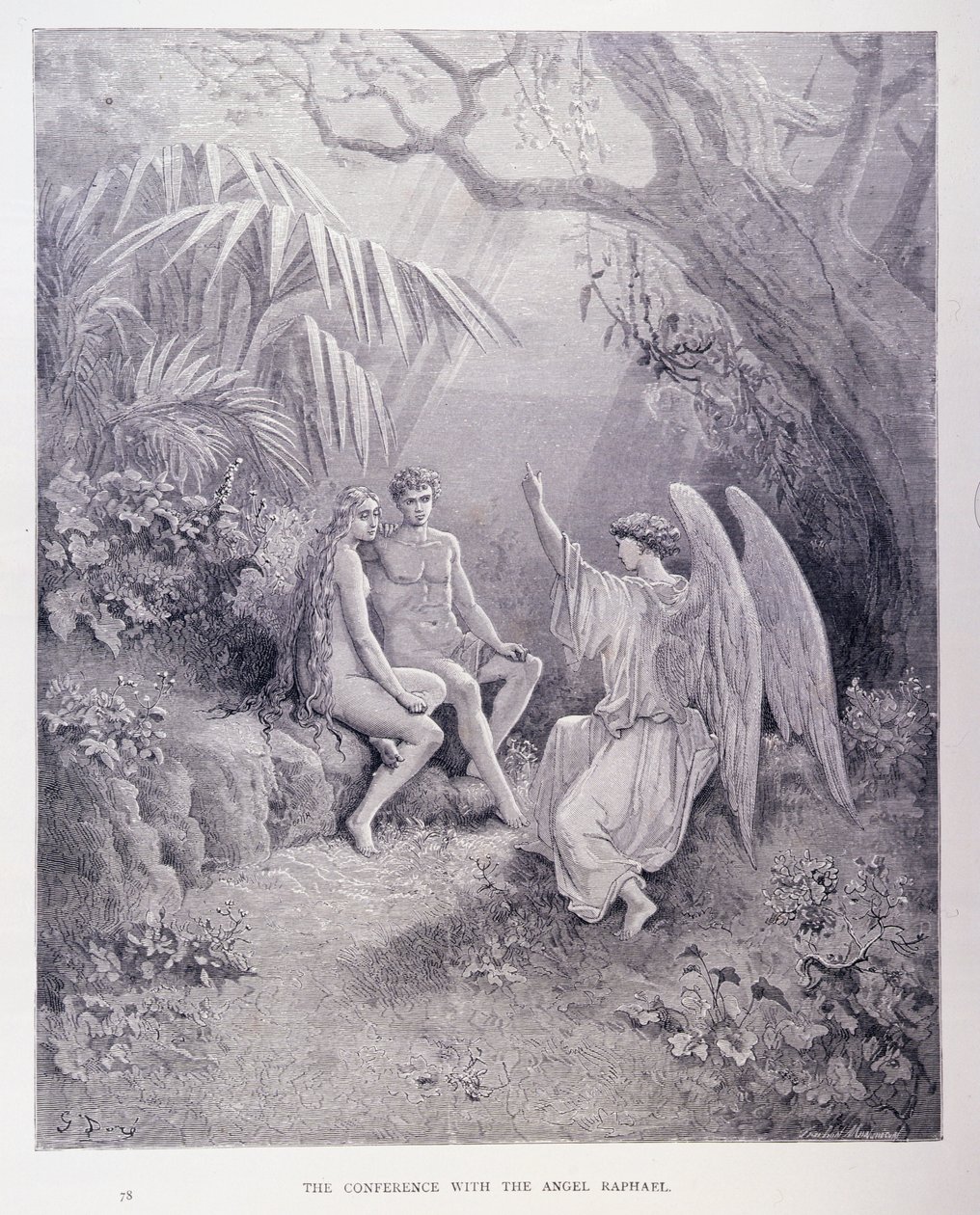 Konferensen med ängeln Rafael, från bok V i "Paradise Lost" av John Milton (1608-74), graverad av Montvalson, ca 1868. av Gustave Dore