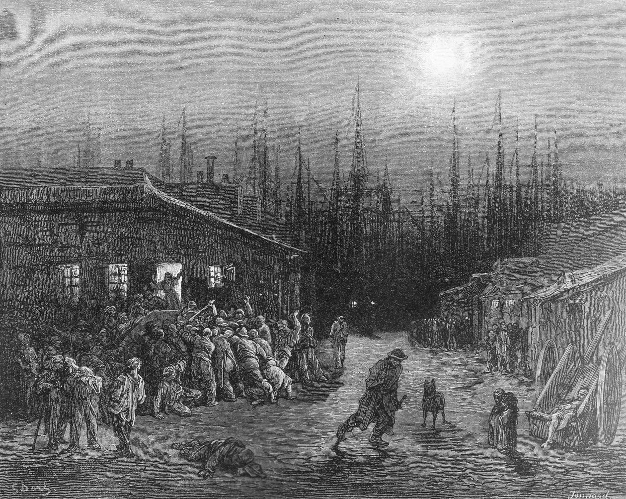 Docks Night Scene, från "London, a Pilgrimage", skriven av William Blanchard Jerrold (1826-84), graverad av Paul Jonnard-Pacel (d.1902), pub. 1872 av Gustave Dore