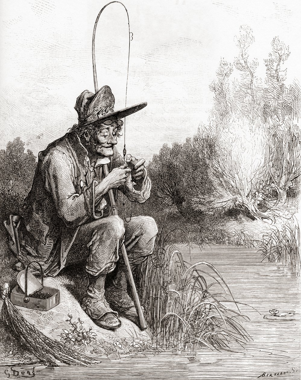 Fiskaren och den lilla fisken, från en utgåva från slutet av 1800-talet av Fables de La Fontaine (trästick) av Gustave Dore