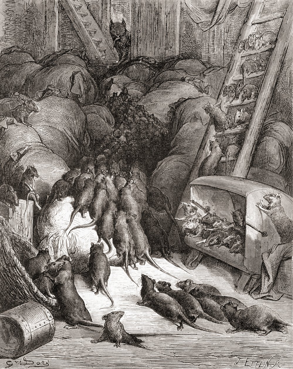 Råttornas liga, från en utgåva från slutet av 1800-talet av Fables de La Fontaine (trägravyr) av Gustave Dore