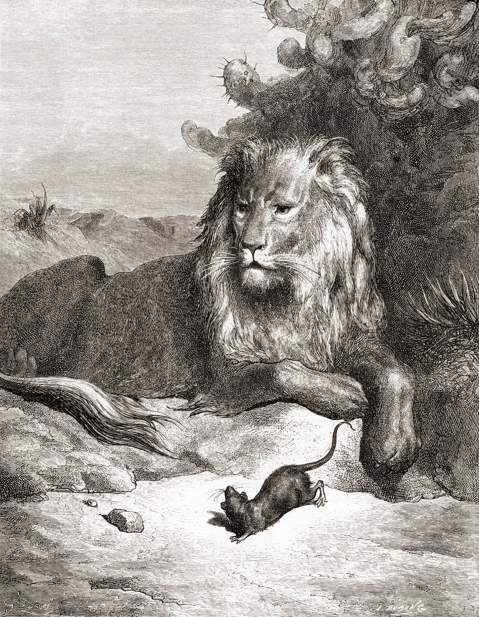 Lejonet och musen, från en sen 1800-talsutgåva av Fables de La Fontaine (trästick) av Gustave Dore