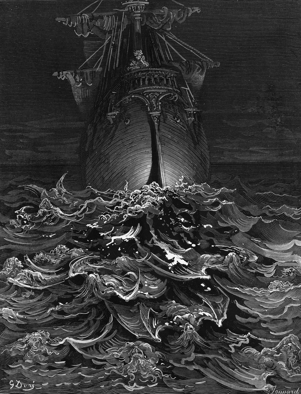The Mariner stirrar på havet och beklagar sin överlevnad medan alla hans medsjömän har dött, scen från "The Rime of the Ancient Mariner" av S.T. Coleridge, utgiven av Harper und Brothers, New York av Gustave Dore