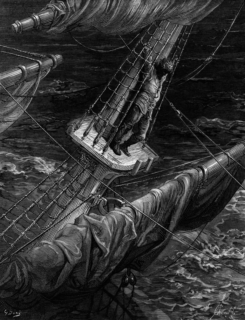 The Mariner ångrar sin inspelning av Albatrossen, scen från "The Rime of the Ancient Mariner" av S.T. Coleridge, av S.T. Coleridge, publicerad av Harper und Brothers, New York, 1876 (trägravyr) av Gustave Dore