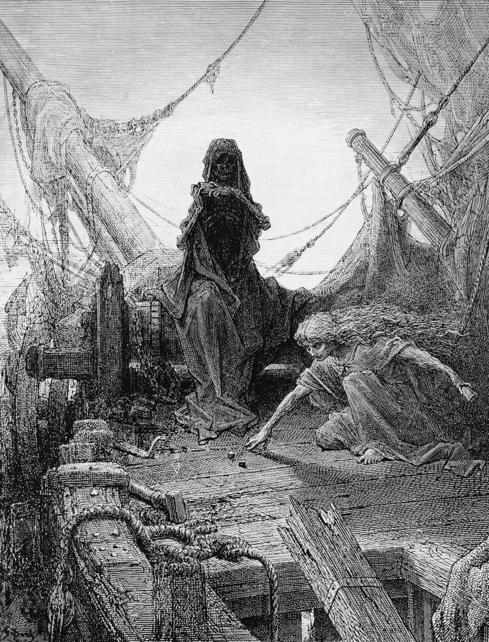 "Night-mare Life-in-Death" spelar tärning med Death for the souls of the crew, scen från "The Rime of the Ancient Mariner" av S.T. Coleridge, utgiven av Harper und Brothers, New York, 1876 (wood eng av Gustave Dore