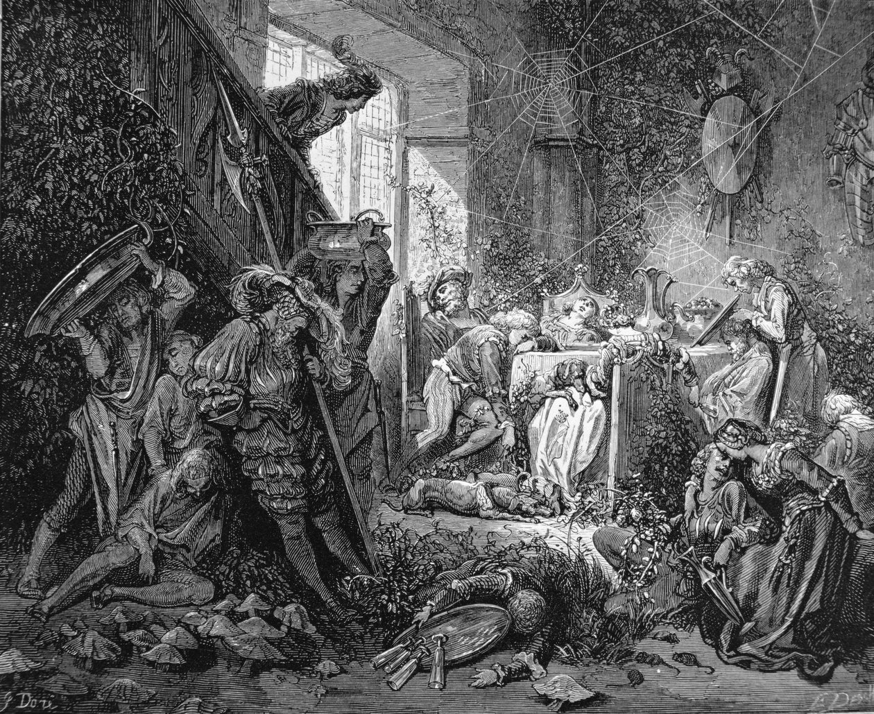 Prinsen anländer till det förtrollade slottet, illustration till "Törnrosa" av Charles Perrault (1628-1703) av Gustave Dore