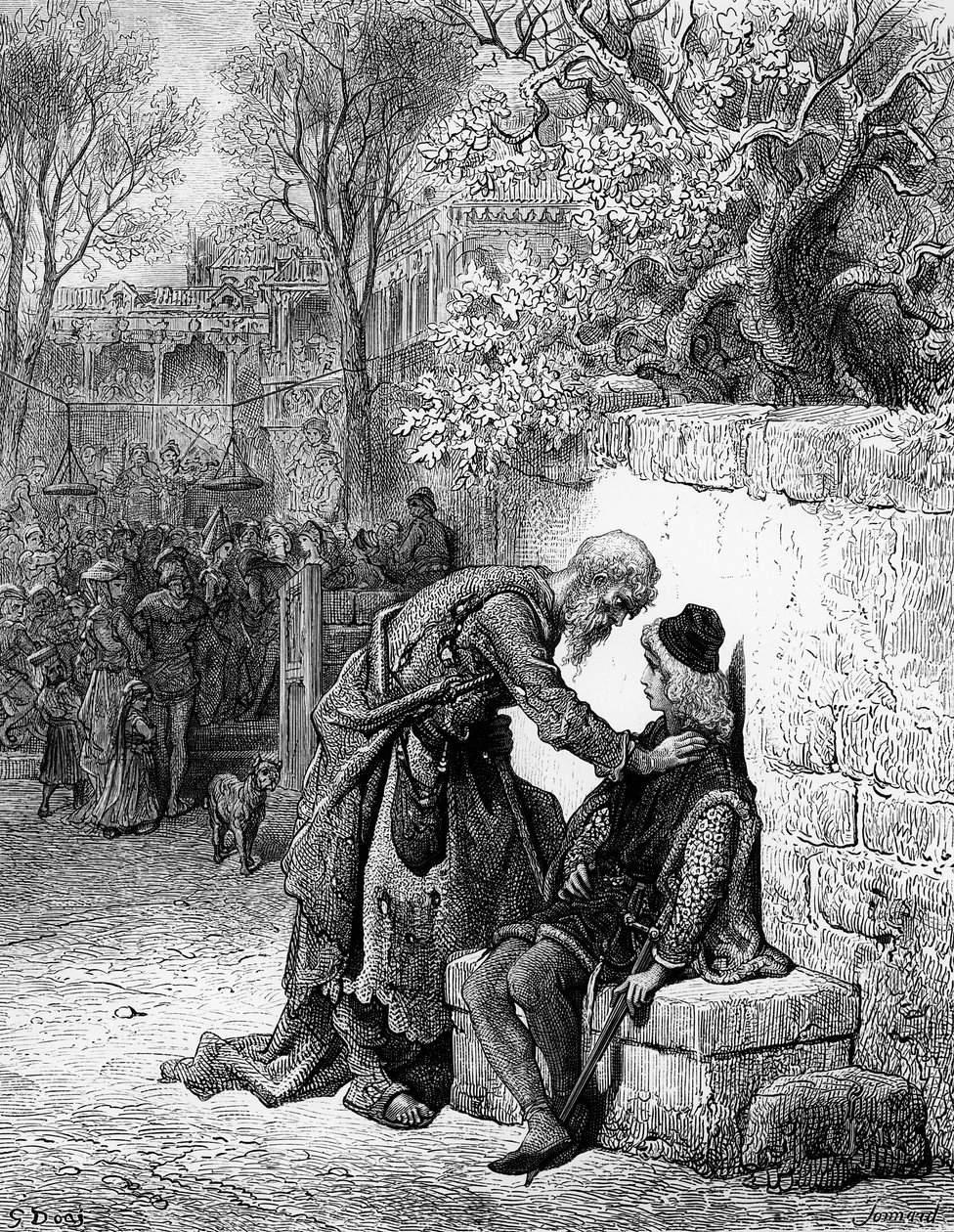 Bröllopsgästen hindras av Ancient Mariner från att närvara vid bröllopet, scen från "The Rime of the Ancient Mariner", av S.T. Coleridge, publicerad av Harper und Sons, New York, 1876 (trä e av Gustave Dore