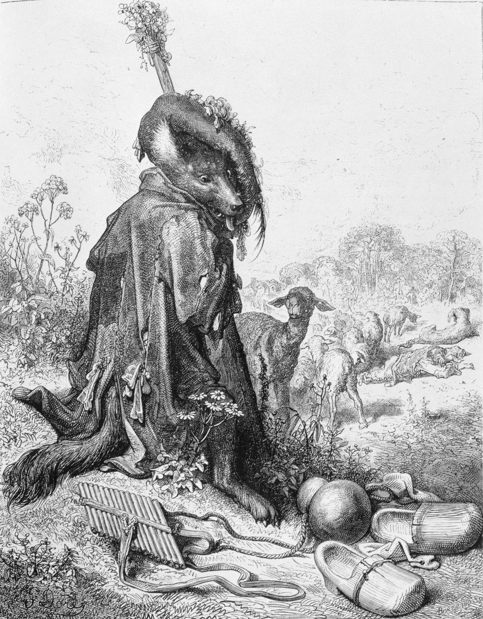 Vargen blev herde, illustration från "Fables" av La Fontaine, 1868 av Gustave Dore