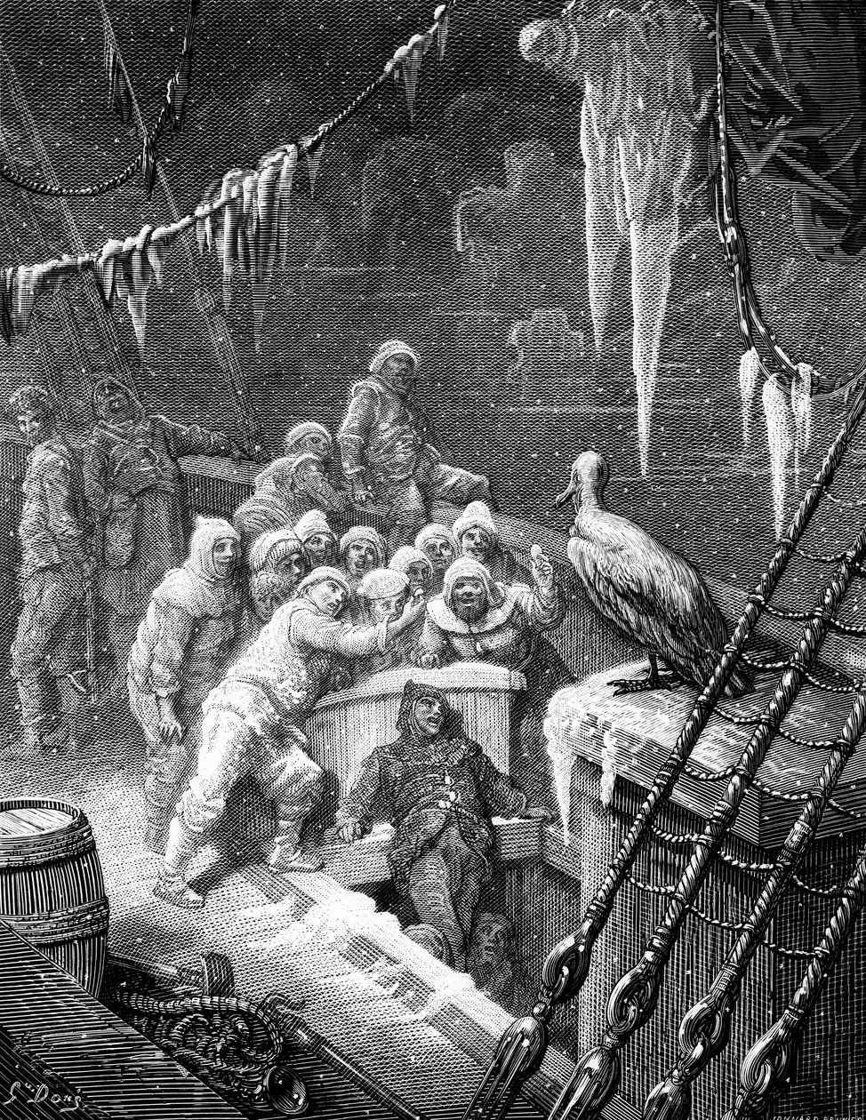 Albatrossen som matas av sjömännen på skeppet som hamnade i Antarktis frusna hav, scen från "The Rime of the Ancient Mariner" av S.T. Coleridge, av S.T. Coleridge, utgiven av Harper av Gustave Dore