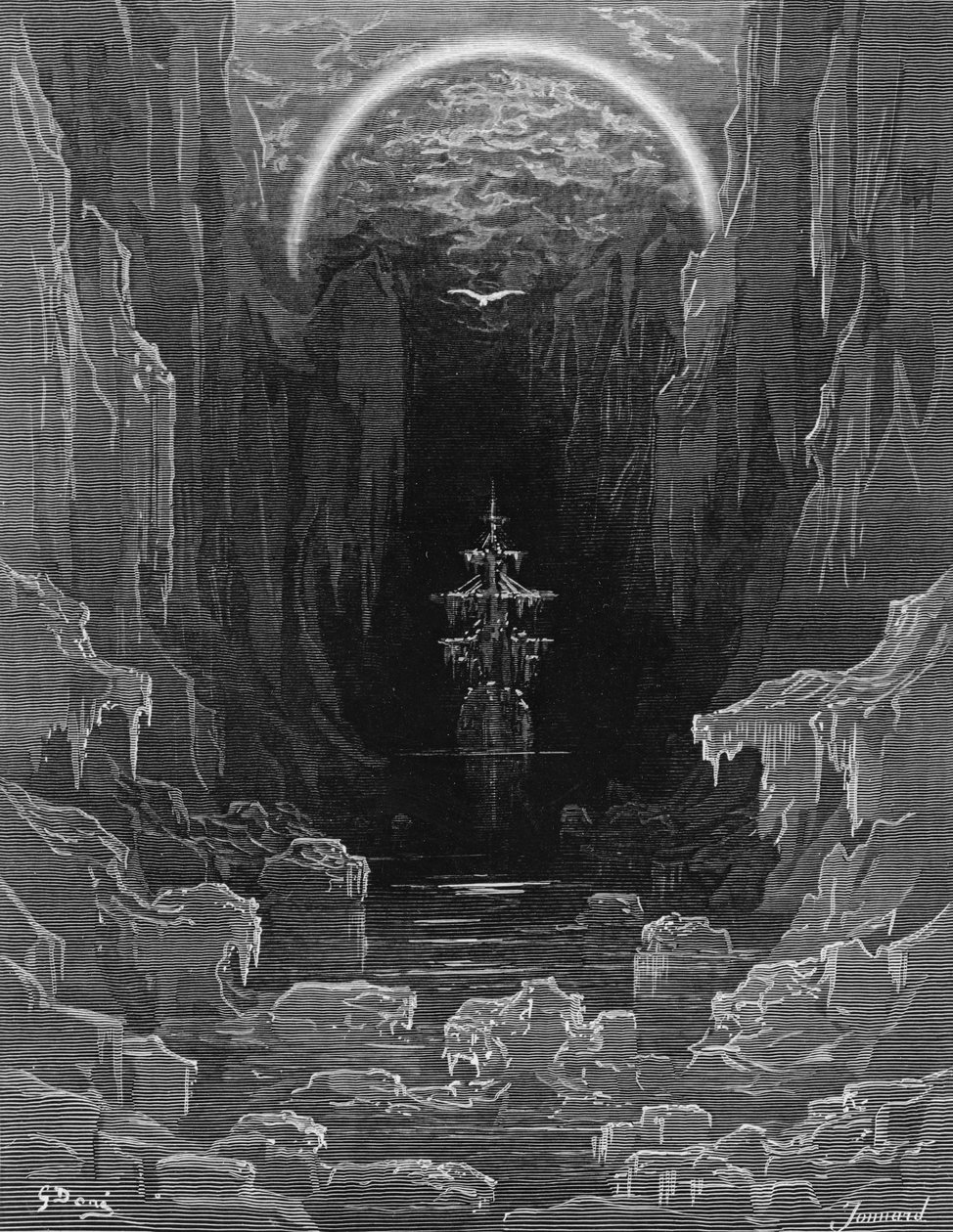Framträdandet av albatrossen för att leda det strandsatta skeppet ut ur Antarktis frusna hav, scen från "The Rime of the Ancient Mariner" av S.T. Coleridge, av S.T. Coleridge, utgiven av Harper und av Gustave Dore