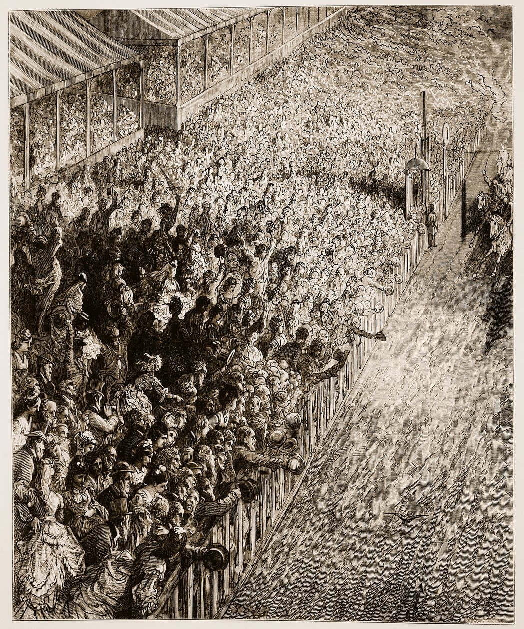 Slutlinjen i Derbyt, från "London, a Pilgrimage", skriven av William Blanchard Jerrold (1826-94) och graverad av Pannemaker, pub. 1872 av Gustave Dore