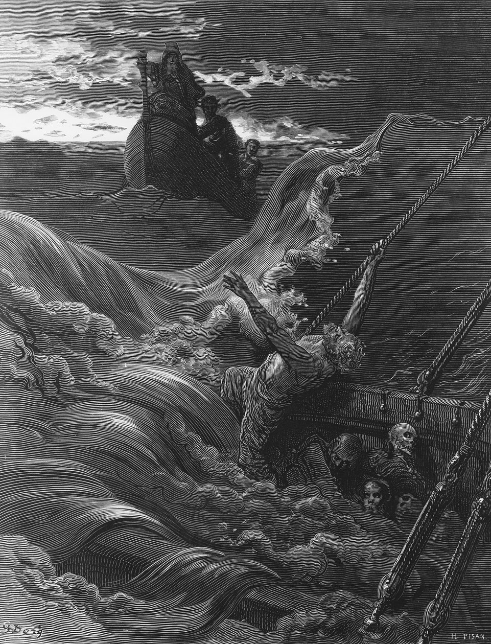 Sømanden, mens hans skib synker, ser båden med Eremitten og Piloten, scene fra 