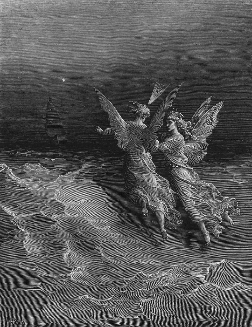 De två andra andarna från Anden på Sydpolen ställer frågan varför fartyget färdas så snabbt utan hjälp av vind eller hav, scen från "The Rime of the Ancient Mariner" av S.T. Coleridge, av Gustave Dore