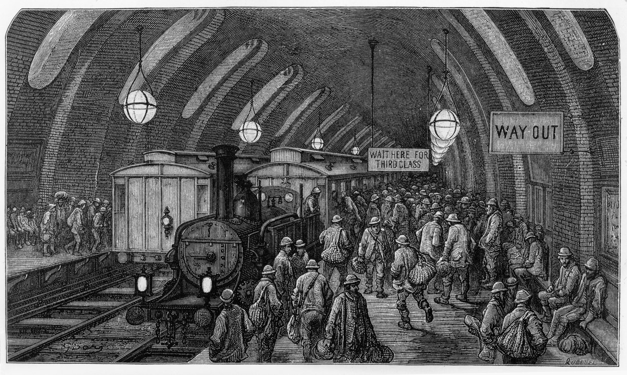 Arbetarnas tåg, från "London, en pilgrimsfärd", skriven av William Blanchard Jerrold (1826-94) och graverad av Quesnel, pub. 1872 av Gustave Dore