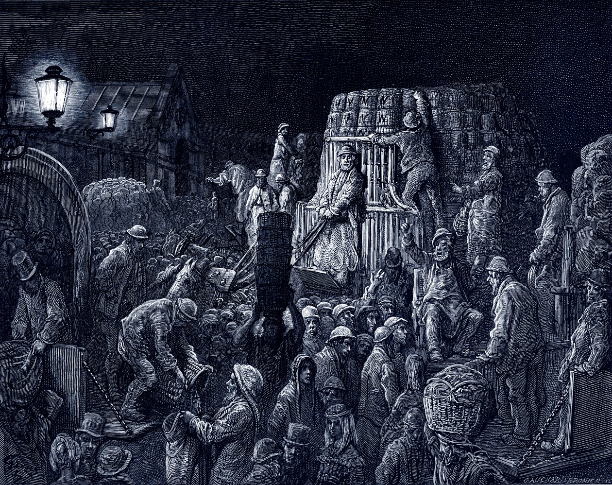 Viktorianska London - Covent Garden-marknaden av Gustave Dore