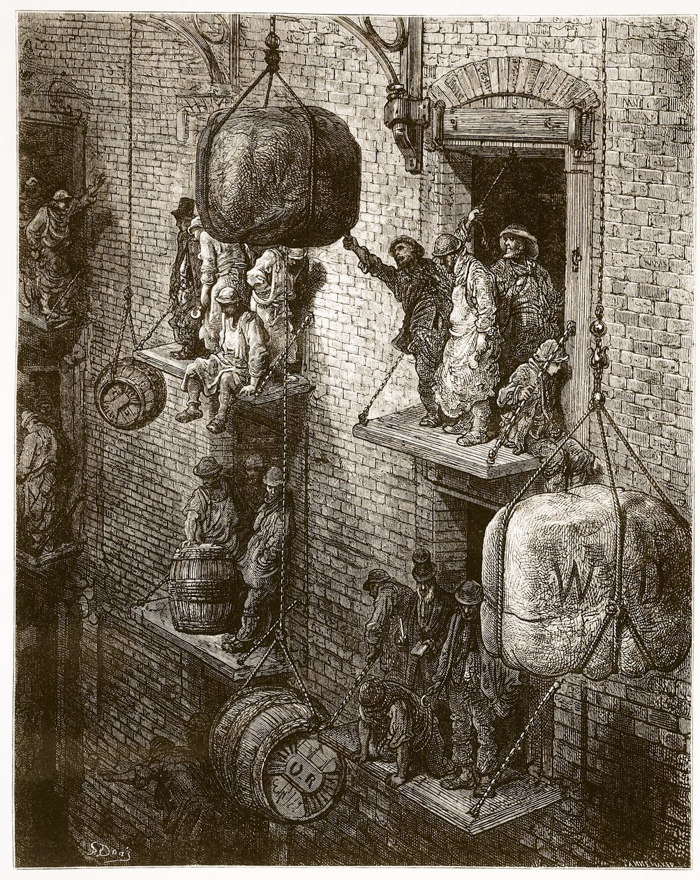 Warehousing in the City, ur "London, a Pilgrimage", skriven av William Blanchard Jerrold (1826-84) och graverad av Adolphe Francois Pannemaker (f.1822), pub. 1872 av Gustave Dore
